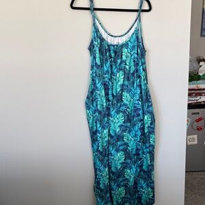 Women’s Teal Tropical Print Maxi Jumpsuit